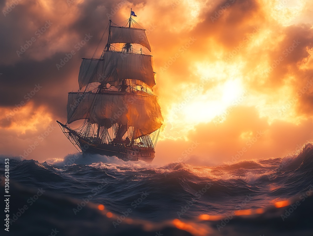 Fototapeta premium Ship Sailing Sea Sunset