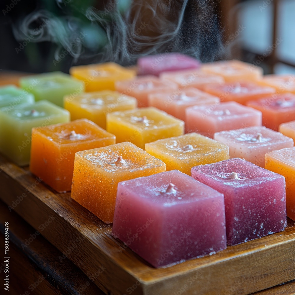 Close-up of multi-coloured wax blocks into which essential oils have been added to create fragrant candles with rich hues. Generative AI Close-up of multi-coloured wax blocks into which essential oils have been added to create fragrant candles with rich hues. Generative AI