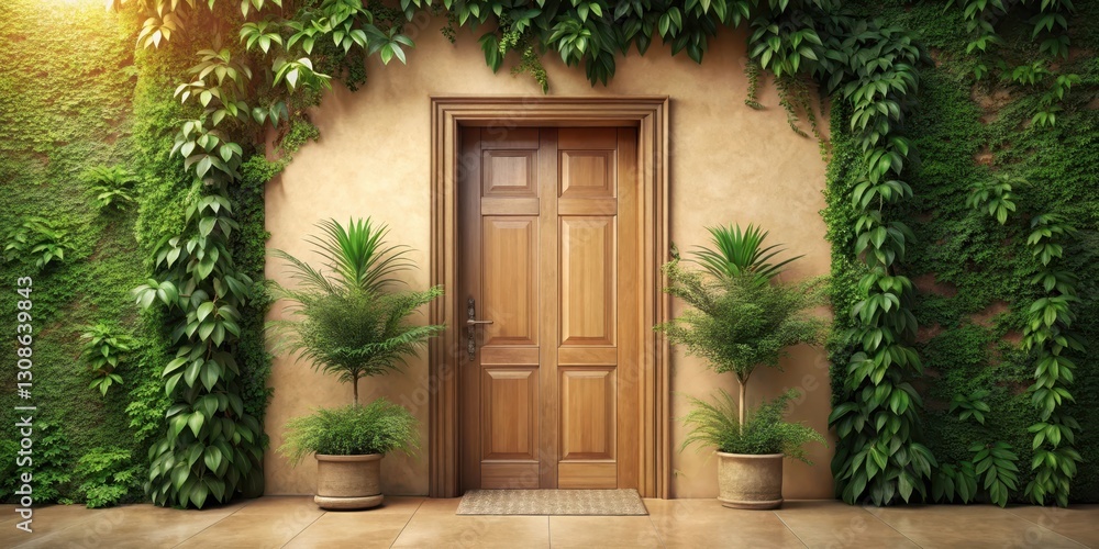 Fototapeta premium Entrance with wooden door and lush greenery, soft natural light filtering through the doorway, warm beige tones of the doorframe complemented by vibrant foliage, plants, architecture