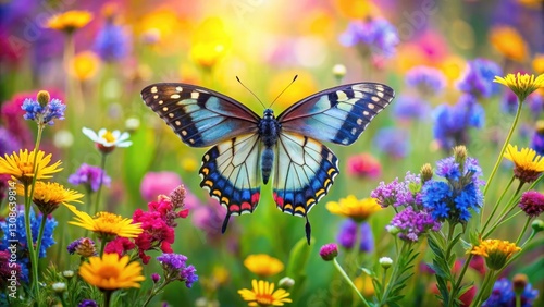 A delicate butterfly with iridescent wings rests on a vibrant patch of colorful wildflowers in a lush meadow, surrounded by swaying grasses and delicate greens , outdoors, beautiful butterflies