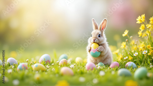 Sweet Baby Bunny Holding Easter Egg in Blooming Spring Garden