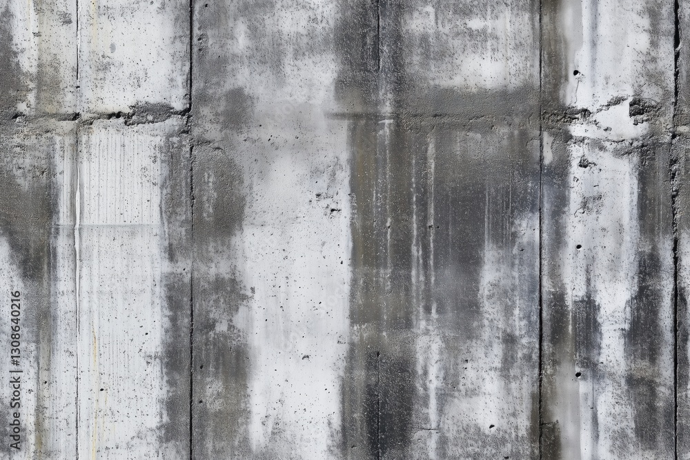 Obraz premium Seamless wet streaks bunker textured concrete wall, featuring a mix of gray tones, stains, and weathered patterns. The surface shows signs of aging and wear, with visible cracks and imperfections.