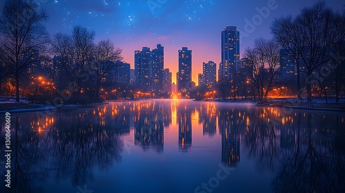 Stunning Cityscape Reflection at Dawn Lakefront Winter Scene Urban Panorama