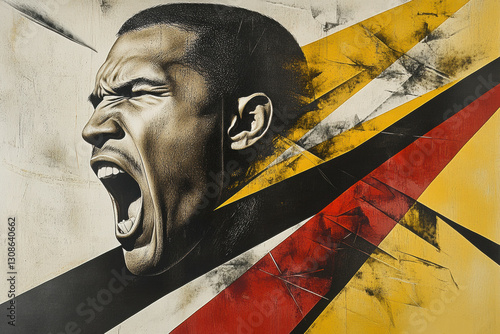 Wallpaper Mural A striking, abstract portrait of a man passionately screaming, surrounded by dynamic geometric shapes in vibrant colors. Torontodigital.ca