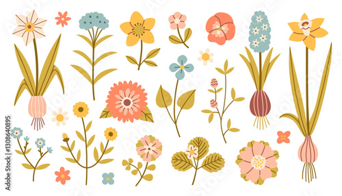 Spring flower set. Isolated cute spring flowers and leaves in flat style. Kids design, for fabric, wrapping, scrapbooking, wallpaper