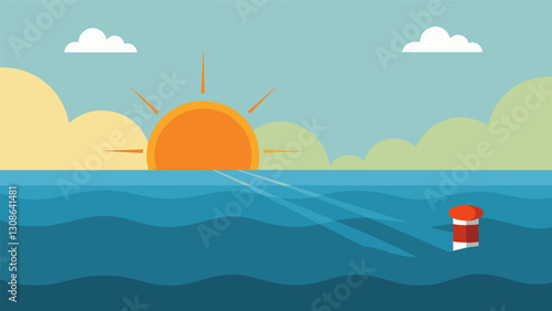 The sun shining down on a peaceful ocean scene with a single containment boom floating on the water a constant reminder of the need for preparedness. Vector illustration