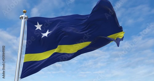 Curaçao flag with flagpole waving in wind, rolling clouds background looping, 4K video (Perfect Loop)
