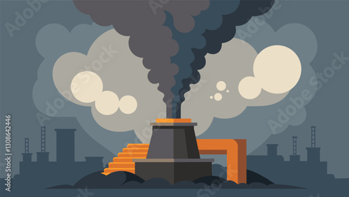 Thick plumes of smoke rose from the mouth of the furnace indicating that it was working to melt down precious metals.. Vector illustration