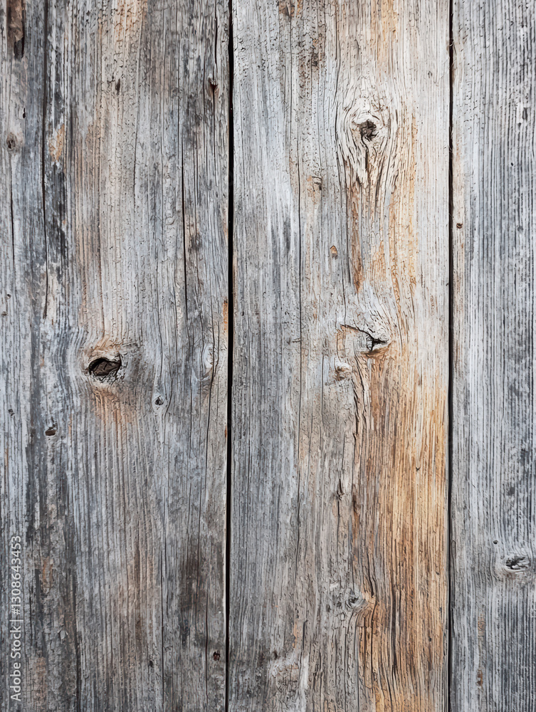 Naklejka premium Rustic Wood Texture: A detailed close-up of weathered wooden planks, showcasing the natural grain, knots, and textures of the aged wood, offering a tactile and visually appealing surface.