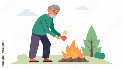 With a steady hand an elderly man fans the flames of a small fire that will eventually turn logs into charcoal for his familys use.. Vector illustration