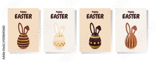 Happy Easter poster set with realistic chocolate golden eggs,bunny ears. Greeting vector illustration. Design for banner, flyer, social media, brochure, presentation, invitation