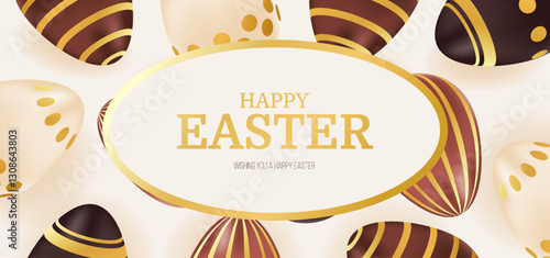 Happy Easter banner. Holiday greeting background with chocolate golden eggs. Template for advertisement, website, social post, invitation, voucher. Vector illustration of brown, beige colors