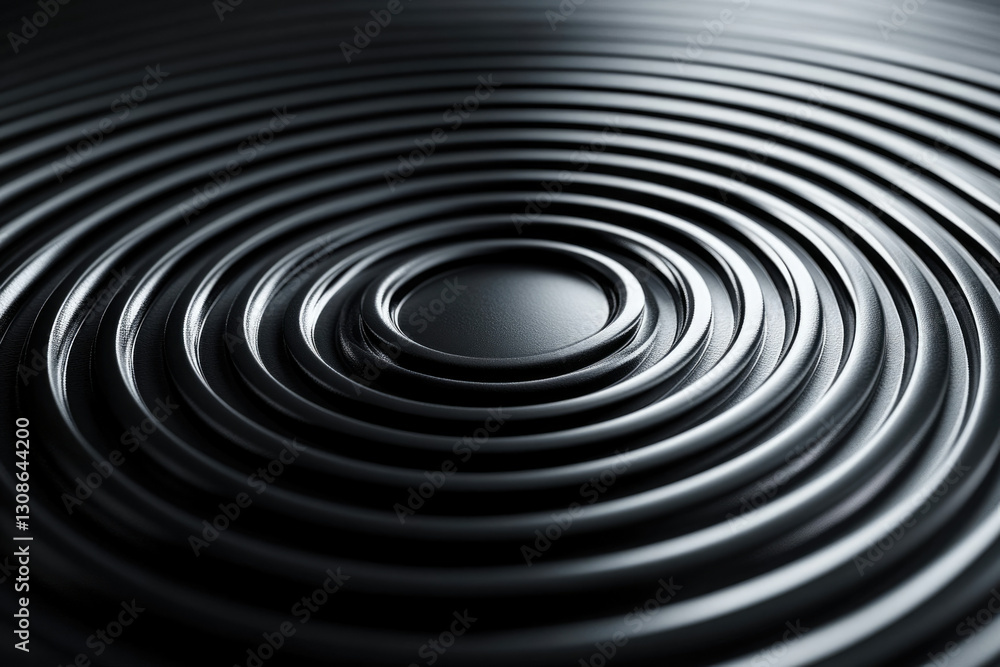 Abstract concentric circles ripple pattern in dark metallic texture, creating a depth illusion. Abstract concentric circles ripple pattern in dark metallic texture, creating a depth illusion.