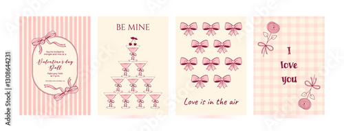 Set coquette poster with hand drawn doodle elements. Trendy cute design with pink bowknot, cocktail, flower, cherry for Valentines day, love theme holiday, party. Vector illustration