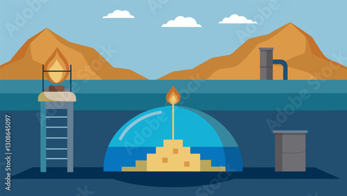 Within the depths of the salt dome natural gas is stored in its gaseous form while nearby chambers are filled with liquid hydrocarbons waiting to be. Vector illustration