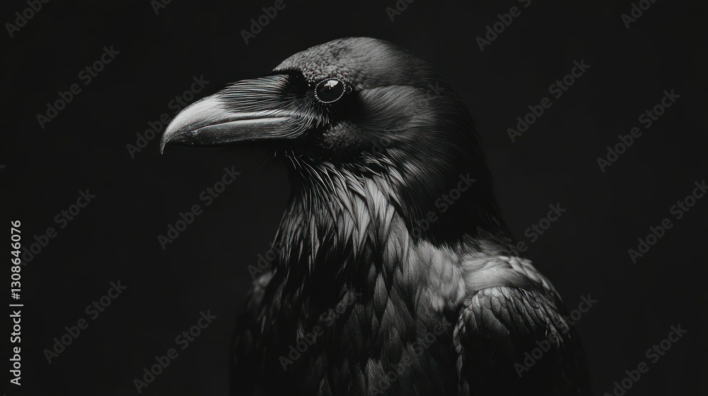 Fototapeta premium monochrome portrait of a raven showcasing intricate feather details against a dark backdrop capturing the bird's majestic presence