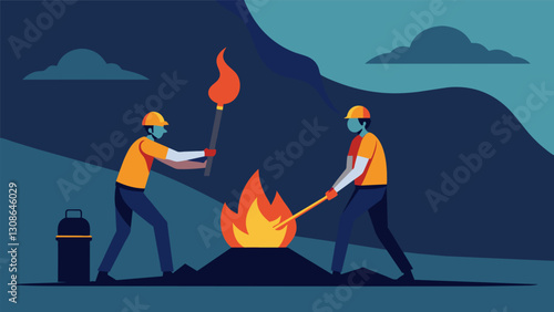 Two workers operating a ane flare carefully burning off excess gas collected from a deep coal mine shaft.. Vector illustration