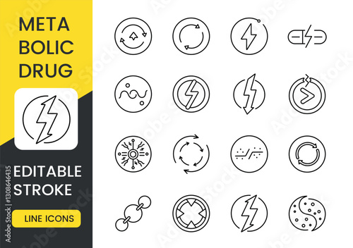 A set of vector icons representing metabolic drugs, including energy symbols and molecular structures, process cycles and biochemical reactions, with an editable stroke