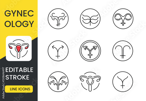 A collection of gynecology related vector icons, featuring uterus, fallopian tubes, and reproductive health symbols, designed with an editable stroke for medical, with an editable stroke.