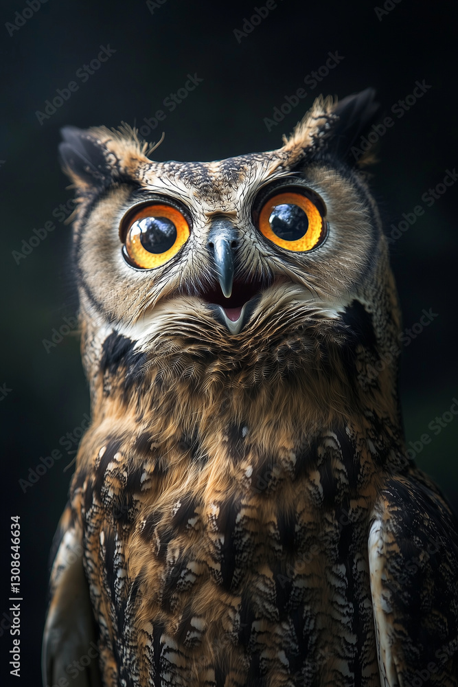 An owl with striking golden eyes and an open beak, appearing amused or surprised, with intricate feathers and a playful expression An owl with striking golden eyes and an open beak, appearing amused or surprised, with intricate feathers and a playful expression
