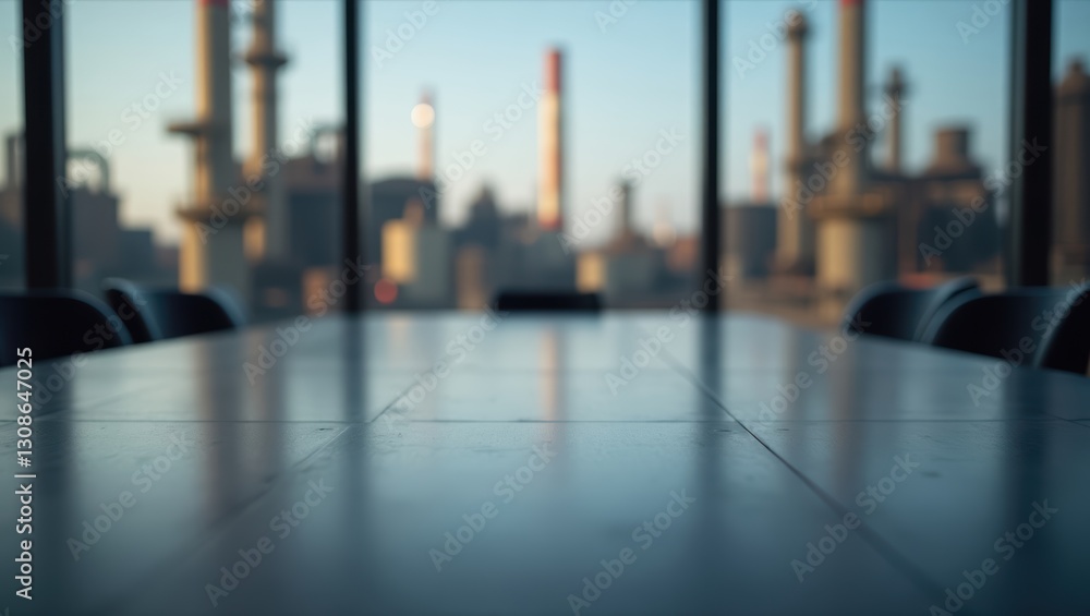 Obraz premium Industrial conference room with long table and chairs overlooking factory skyline through large windows