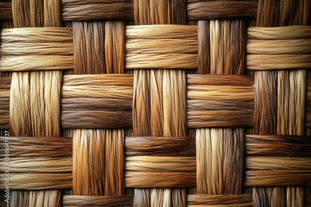 Intricate woven pattern of brown and beige natural fibers, creating a textured surface. Intricate woven pattern of brown and beige natural fibers, creating a textured surface.