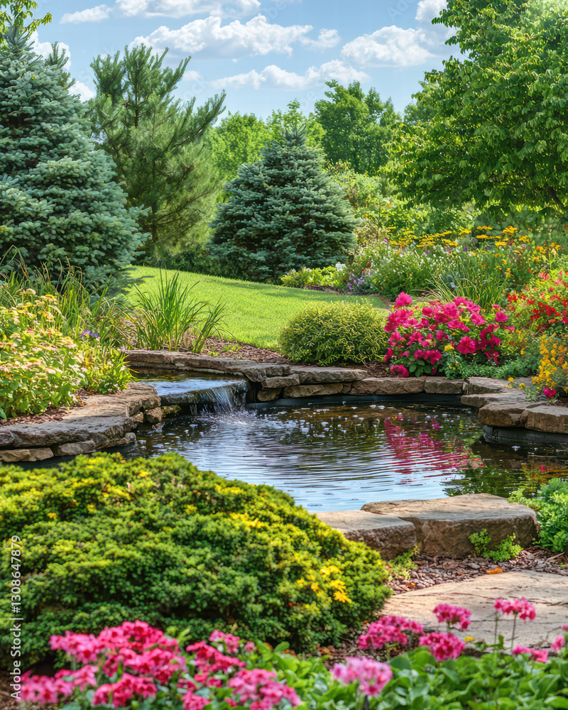 Fototapeta premium Serene Garden Oasis: A captivating shot of a tranquil garden with lush greenery, blooming flowers, and a small pond under a bright sky, inviting peacefulness