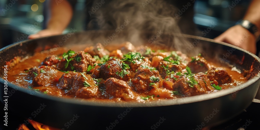 Fototapeta premium Chef preparing delicious and steaming hot indian beef curry
