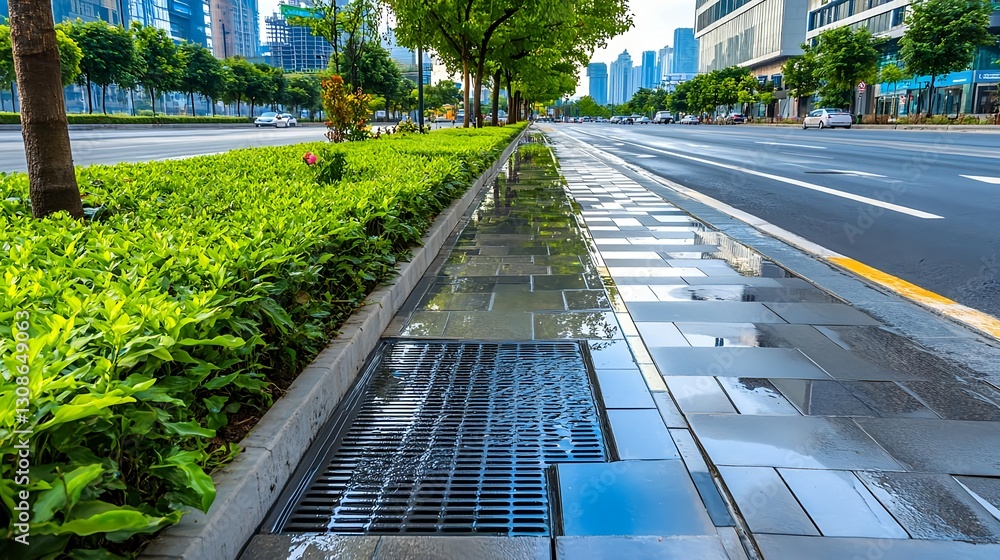 Fototapeta premium Modern City Street, Wet Pavement, Green Landscaping - Urban Landscapes