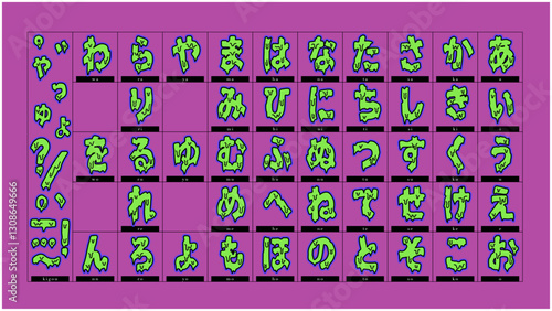 ネオン風グリーンのドロドロ溶けたホラー風ひらがな文字セット｜スライム・モンスター風日本語タイポグラフィ・ハロウィンやポップデザインに使えるベクター素材