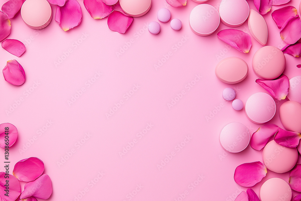 Collagen supplements and beauty tablets on pink gradient background, flat lay with rose petals, clean center area for branding Collagen supplements and beauty tablets on pink gradient background, flat lay with rose petals, clean center area for branding