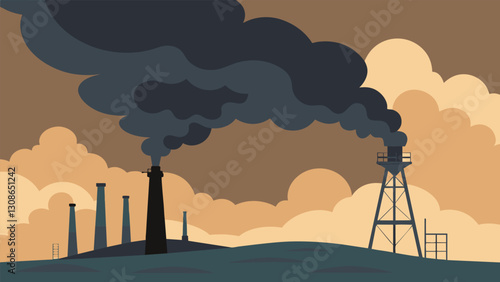 Thick dark smoke billowing from the derricks exhaust marking its presence from miles away.. Vector illustration