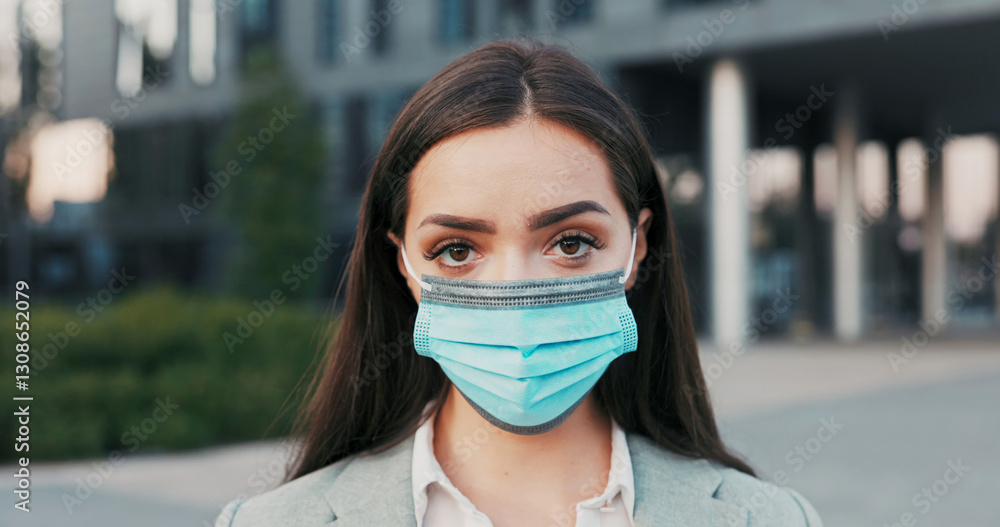 A pretty brunette with dark eyes stands in the background of the city, a glass building, a woman dressed in an elegant outfit, puts on a protective mask on her face, work, life during a virus pandemic A pretty brunette with dark eyes stands in the background of the city, a glass building, a woman dressed in an elegant outfit, puts on a protective mask on her face, work, life during a virus pandemic