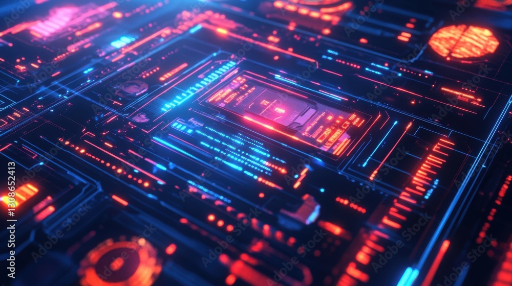 Obraz premium Abstract 3D illustration of a system update, with holographic UI elements and digital progress indicators