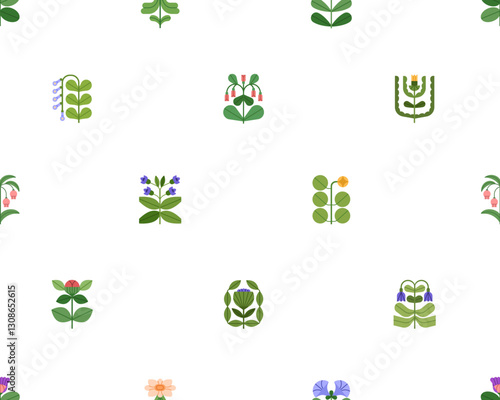 Seamless floral pattern. Modern botanical background, repeating print with flower plant branches. Endless texture design, summer blossoms for textiles, wallpaper, wrapping. Flat vector illustration