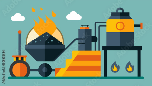 The sticky tarlike mixture of refined petroleum is poured into a special machine where it is heated and mixed with aggregate materials to create. Vector illustration