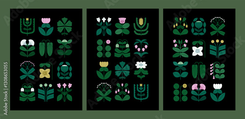Floral card designs set. Modern botanical posters with flowers, leaves. Nature postcards, vertical spring and summer cards, wall art with blossoms, blooming plants, flora. Flat vector illustration