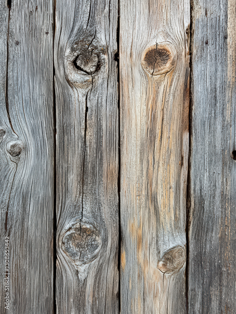 Naklejka premium Weathered Wood Texture: Close-up of aged, weathered wood grain with knots and imperfections, capturing the beauty of natural textures and patterns.