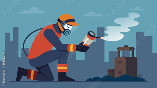 With the help of a sniffer device a technician carefully tracks down the exact location of a gas leak determined to fix it before it becomes. Vector illustration