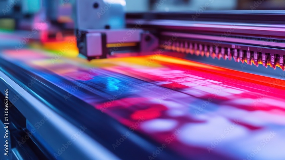 Modern printing press produces multi colored printouts accurately Modern printing press produces multi colored printouts accurately