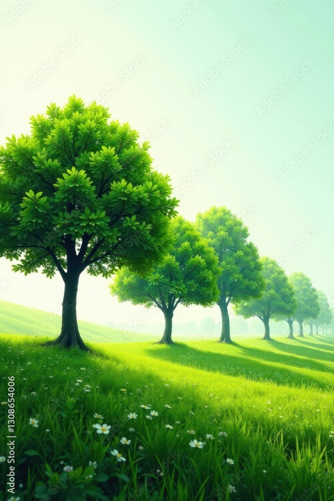 Fototapeta premium Lush green trees in a line against a bright white sky , spring, fresh