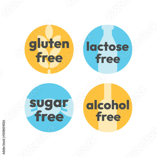 Gluten and lactose free vector label set. Alcohol and sugar free labels or sticker.