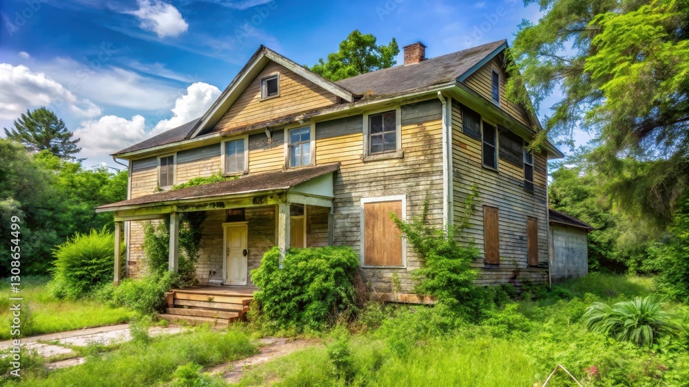 Abandoned house with boarded up windows and a foreclosure sale sign in the yard, with overgrown vegetation and broken shutters , abandoned-house, distress-sale Abandoned house with boarded up windows and a foreclosure sale sign in the yard, with overgrown vegetation and broken shutters , abandoned-house, distress-sale