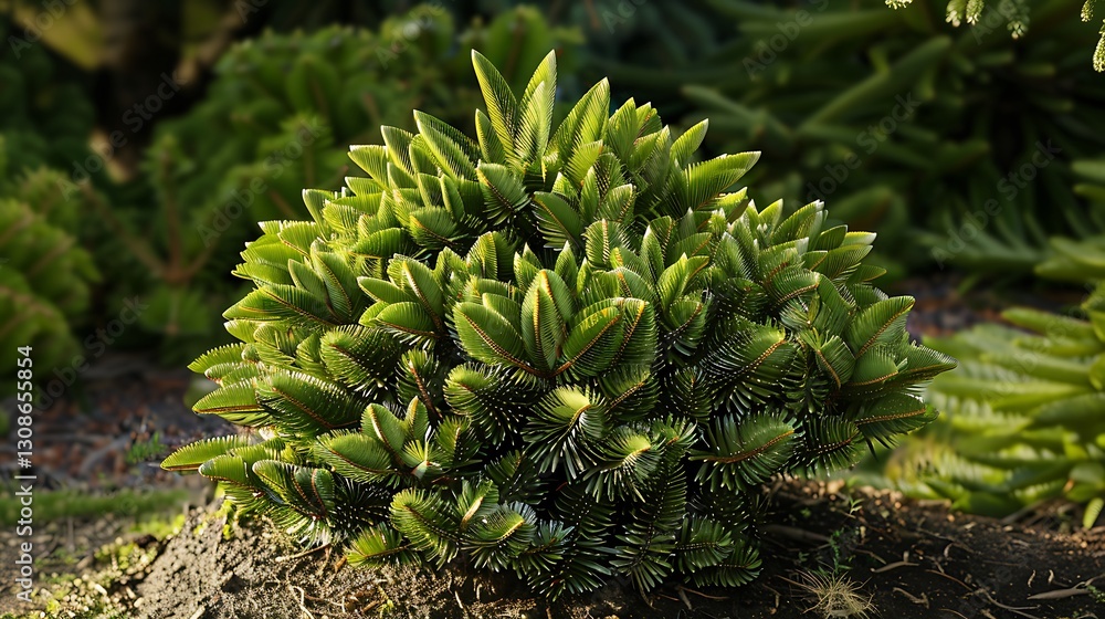 Lush Green Succulent Plant with Intricate Leaf Patterns in Natural Outdoor Setting Lush Green Succulent Plant with Intricate Leaf Patterns in Natural Outdoor Setting
