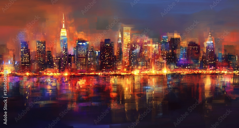 Vibrant cityscape at night, reflected in water, painted style. Vibrant cityscape at night, reflected in water, painted style.