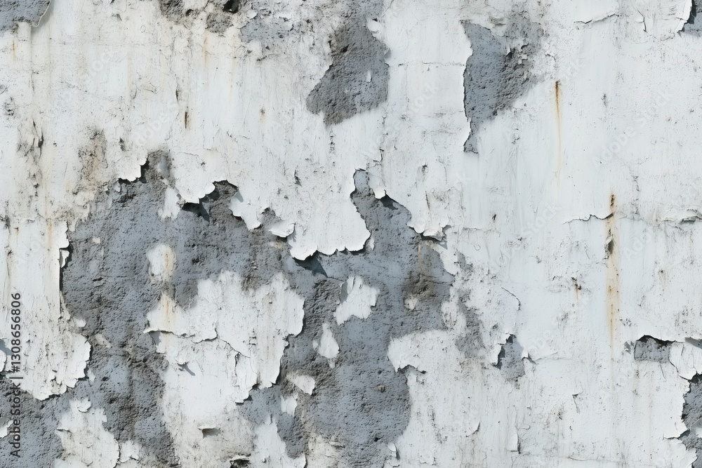 Obraz premium Seamless worn paint concrete weathered wall with peeling paint, showcasing a mix of white and gray textures. The surface appears rough and aged, highlighting the effects of time and exposure.
