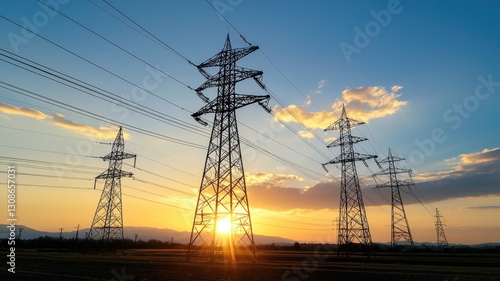 Electric pylons carrying power across rural landscape with dirt road and river sunset background