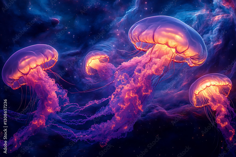 Cosmic Ocean with Floating Jellyfish Nebulas Cosmic Ocean with Floating Jellyfish Nebulas