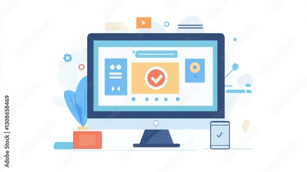 Flat design illustration of a desktop screen with an 'Update in Progress' message, symbolizing software and app upgrades Flat design illustration of a desktop screen with an 'Update in Progress' message, symbolizing software and app upgrades