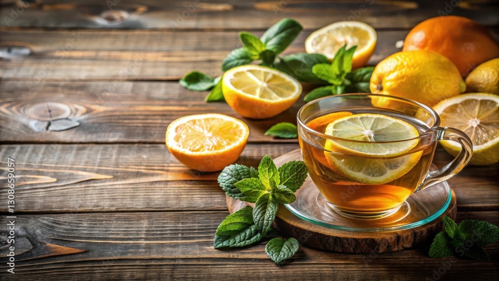 Warm cup of tea on a wooden table with slices of lemon and fresh mint leaves on top, herbal infusion, citrus fruits Warm cup of tea on a wooden table with slices of lemon and fresh mint leaves on top, herbal infusion, citrus fruits